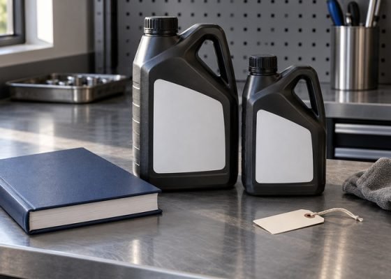 Illustrative sealed unbranded engine oil bottles beside closed manual and blank identification tag