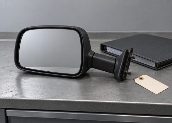 Illustrative detached generic mirror assembly beside closed parts folder and blank tag
