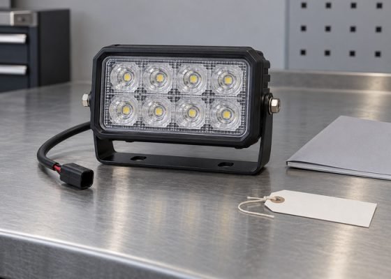 Illustrative detached unpowered work lamp beside closed manual and blank part tag