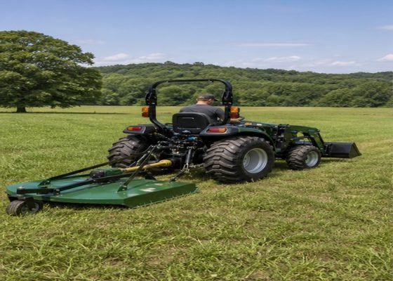 Unbranded 35 horsepower compact tractor operating a rotary cutter