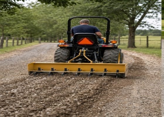 Compact tractor pulling a box scraper with scarifiers through a gravel driveway