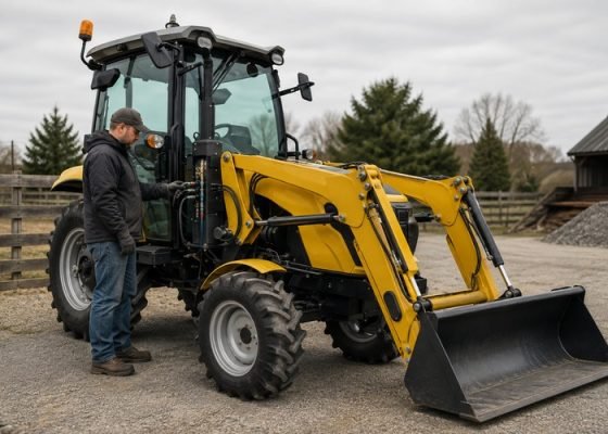 Compact tractor parked with loader lowered while an operator checks the hydraulic coupler panel