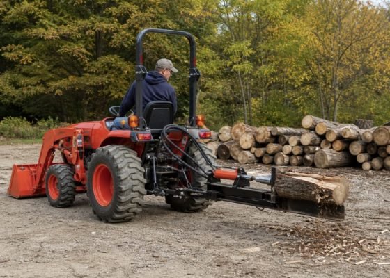 Compact tractor operating a rear hydraulic log splitter