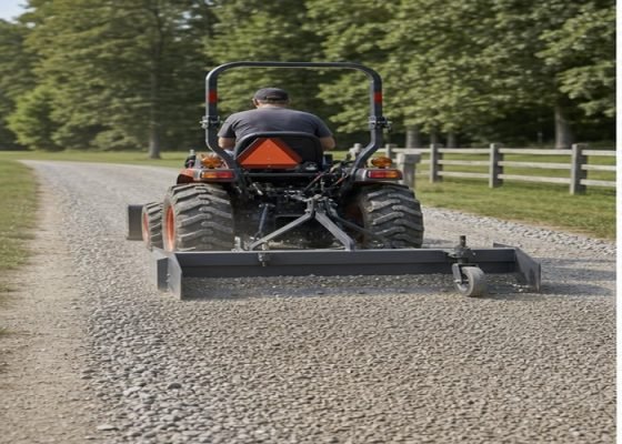 Compact tractor grading gravel with a rear box blade