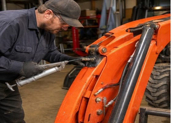 Mechanic greasing compact tractor loader pivot pins in a farm workshop