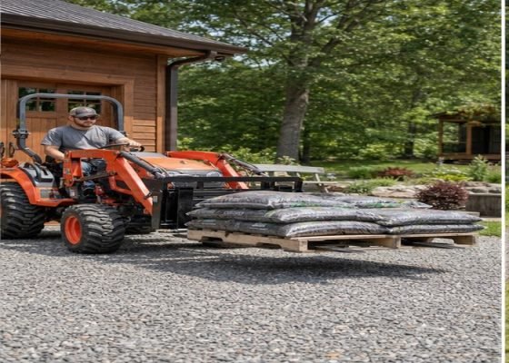 Compact tractor pallet forks lifting a small pallet of bagged soil from a gravel yard