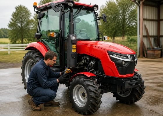Technician checking a compact tractor steering system after it becomes hard when hot