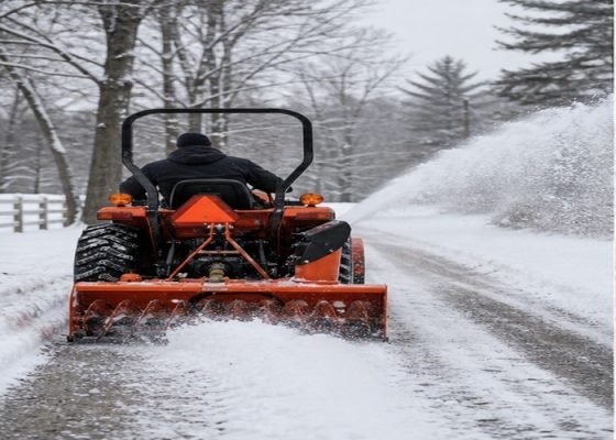 Compact tractor clearing snow from a gravel lane with a rear snow blower