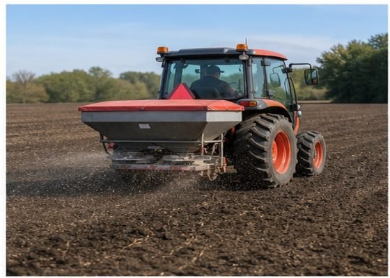 Compact tractor broadcasting seed evenly over a prepared field