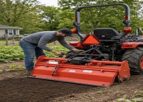 Operator setting top link and stabilizers on compact tractor rotary tiller