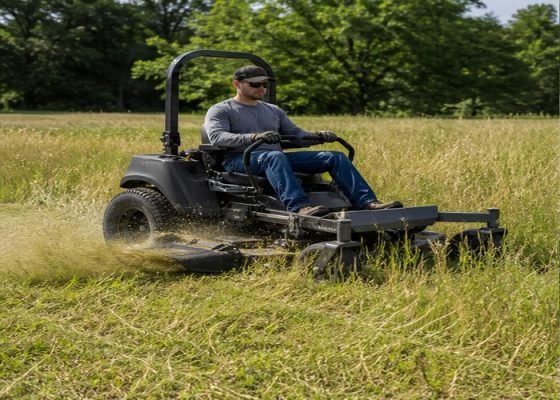 Zero-turn mower discharging dry clippings evenly while cutting moderately tall grass