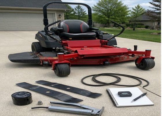 Zero-turn mower with blades belt oil filter grease gun and hour meter notebook for service planning